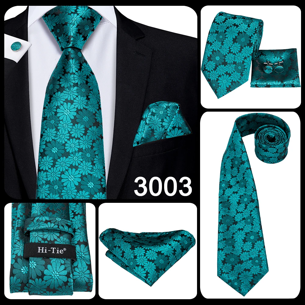 Hi-Tie Men Tie Grass Green Ties Floral Necktie Boutonniere Handkerchief Cufflinks Set Wedding Cravat for Groom 8.5 cm