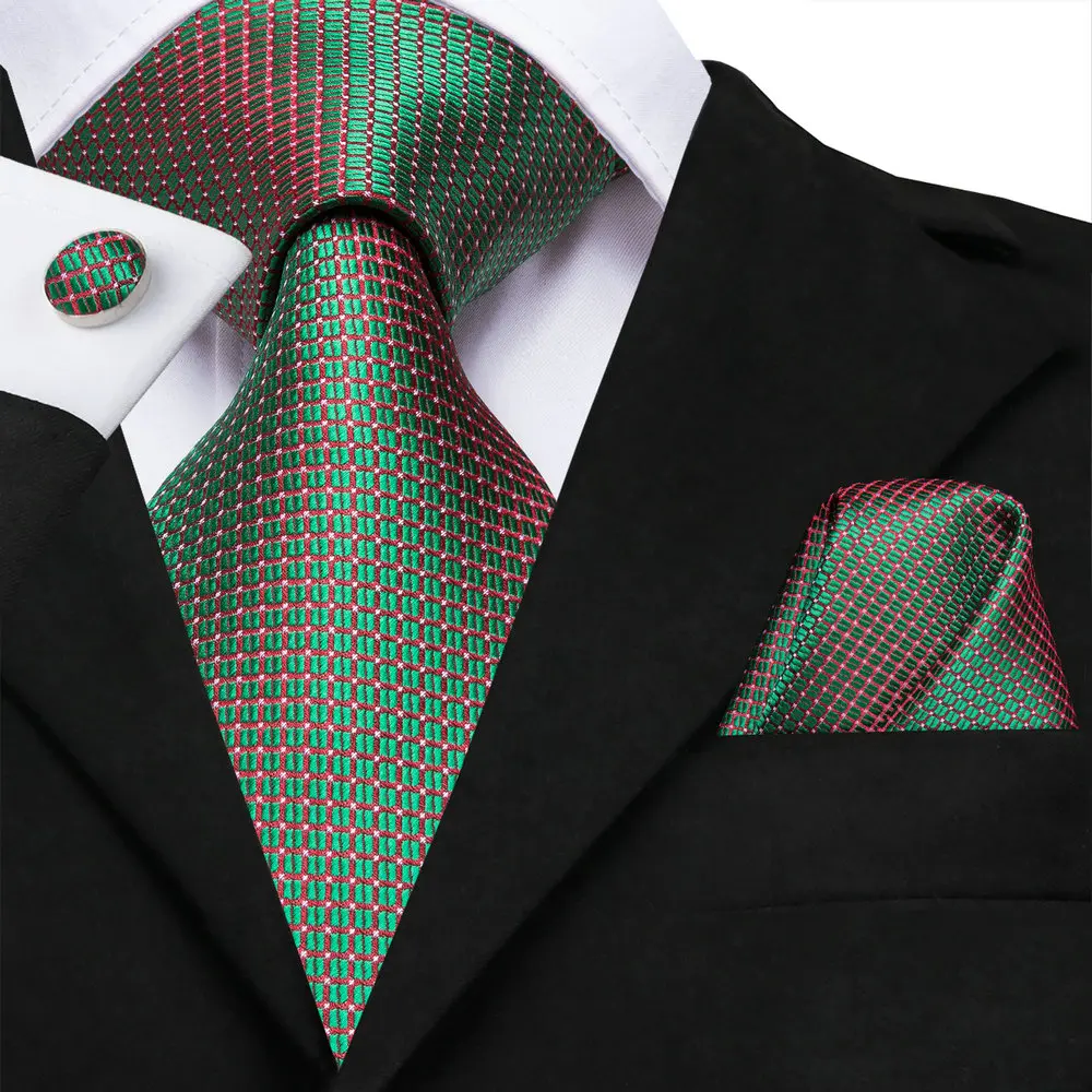 Hi-Tie Men Tie Grass Green Ties Floral Necktie Boutonniere Handkerchief Cufflinks Set Wedding Cravat for Groom 8.5 cm