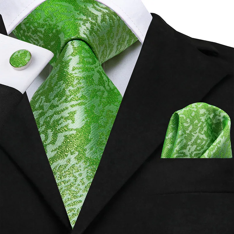 Hi-Tie Men Tie Grass Green Ties Floral Necktie Boutonniere Handkerchief Cufflinks Set Wedding Cravat for Groom 8.5 cm