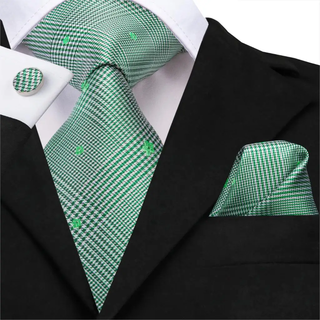 Hi-Tie Men Tie Grass Green Ties Floral Necktie Boutonniere Handkerchief Cufflinks Set Wedding Cravat for Groom 8.5 cm