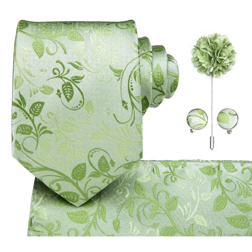 Hi-Tie Men Tie Grass Green Ties Floral Necktie Boutonniere Handkerchief Cufflinks Set Wedding Cravat for Groom 8.5 cm