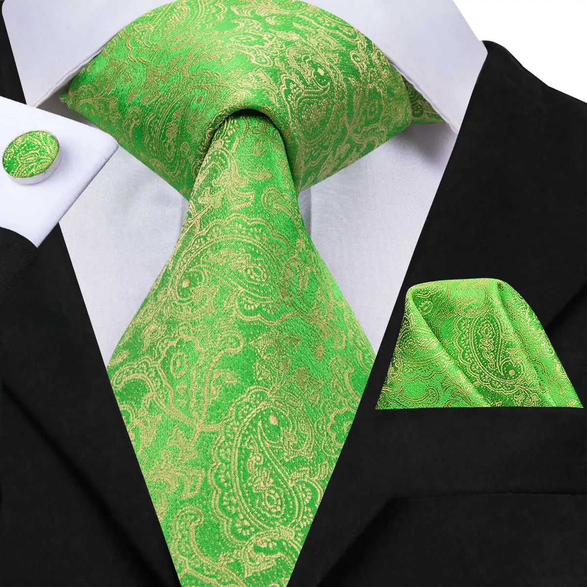 Hi-Tie Men Tie Grass Green Ties Floral Necktie Boutonniere Handkerchief Cufflinks Set Wedding Cravat for Groom 8.5 cm