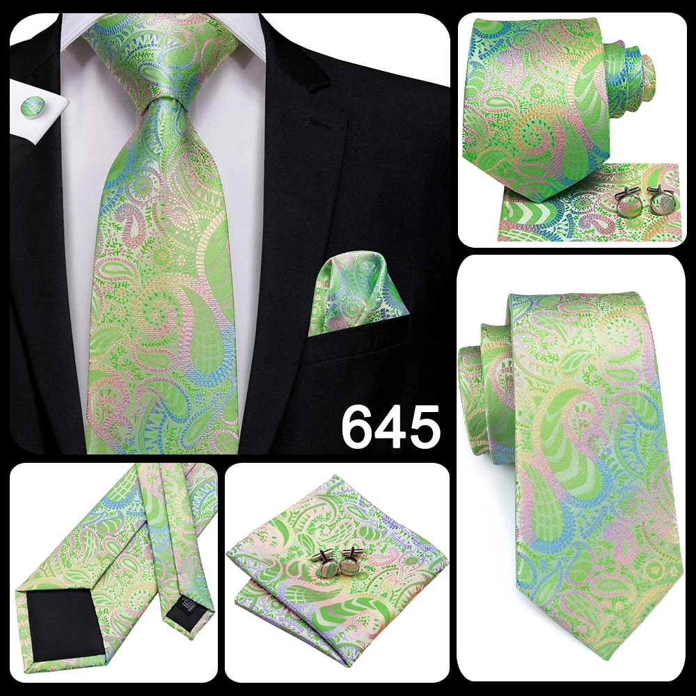 Hi-Tie Men Tie Grass Green Ties Floral Necktie Boutonniere Handkerchief Cufflinks Set Wedding Cravat for Groom 8.5 cm