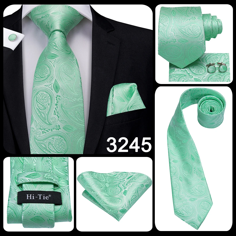 Hi-Tie Men Tie Grass Green Ties Floral Necktie Boutonniere Handkerchief Cufflinks Set Wedding Cravat for Groom 8.5 cm