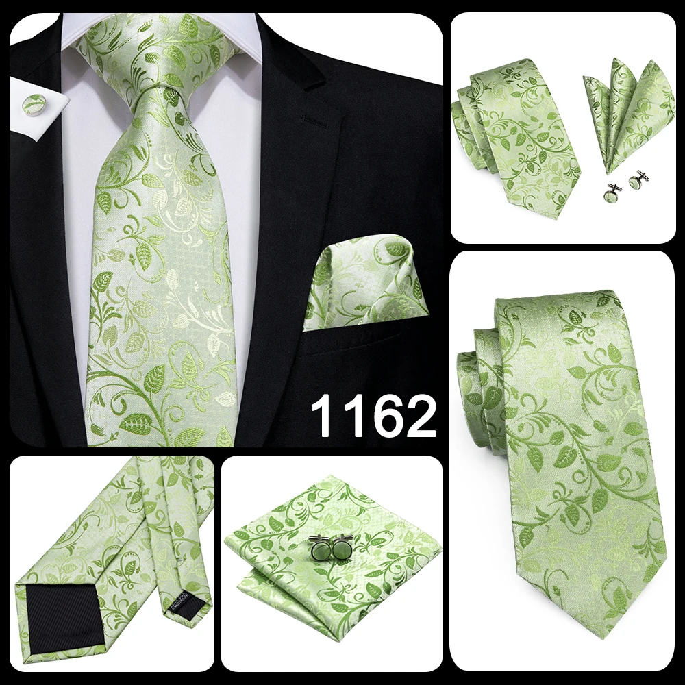 Hi-Tie Men Tie Grass Green Ties Floral Necktie Boutonniere Handkerchief Cufflinks Set Wedding Cravat for Groom 8.5 cm