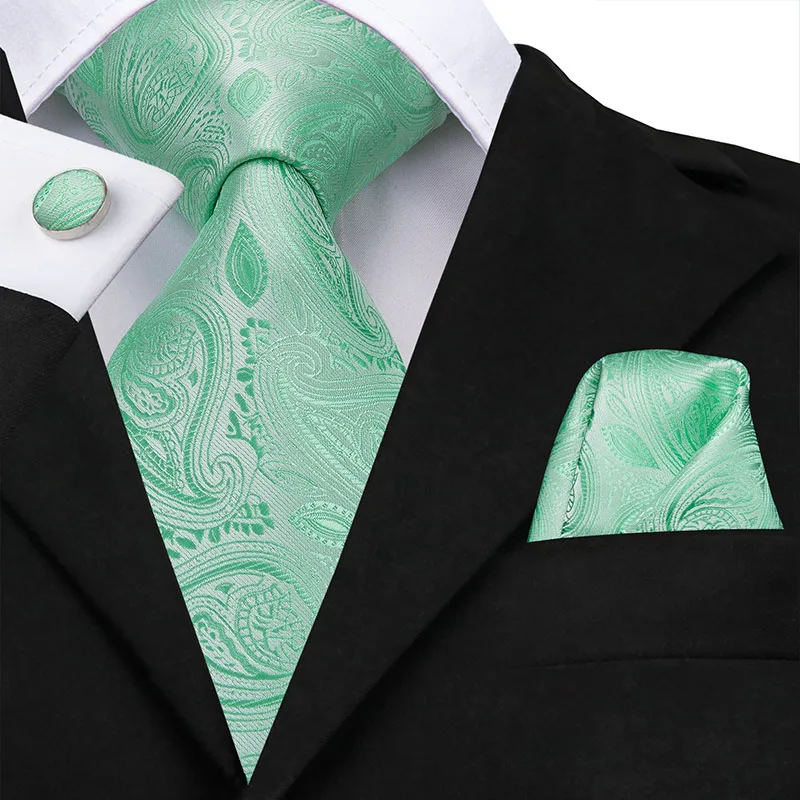 Hi-Tie Men Tie Grass Green Ties Floral Necktie Boutonniere Handkerchief Cufflinks Set Wedding Cravat for Groom 8.5 cm