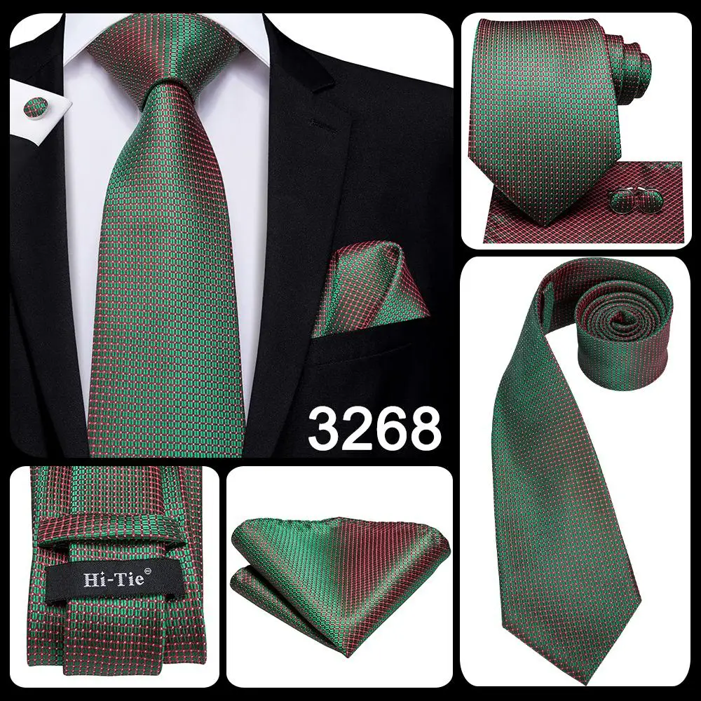 Hi-Tie Men Tie Grass Green Ties Floral Necktie Boutonniere Handkerchief Cufflinks Set Wedding Cravat for Groom 8.5 cm