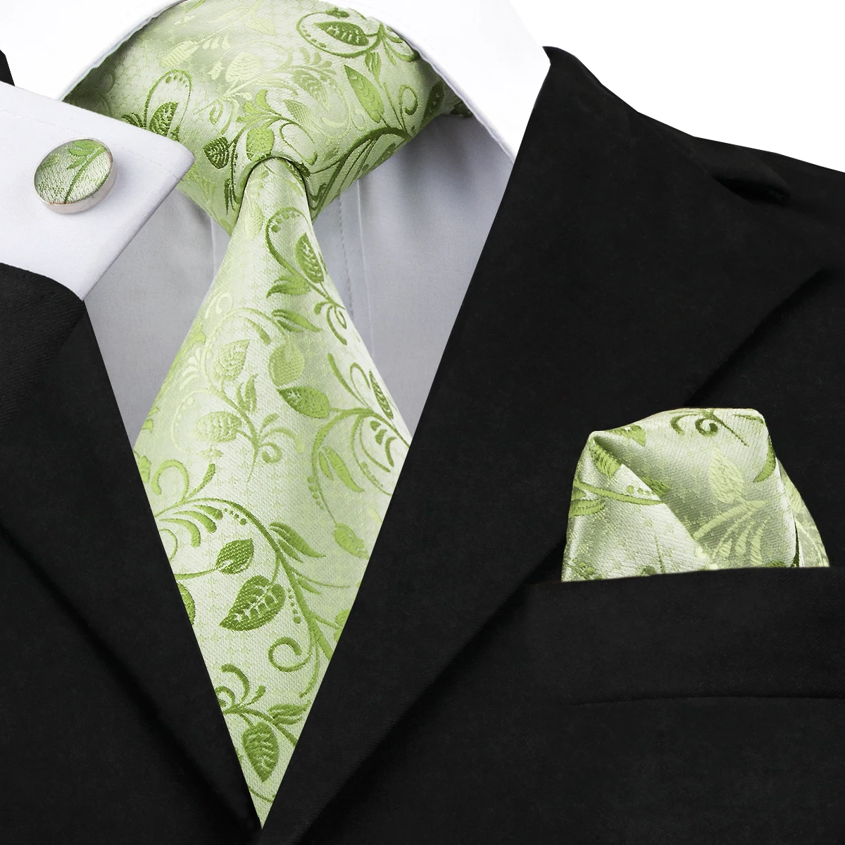 Hi-Tie Men Tie Grass Green Ties Floral Necktie Boutonniere Handkerchief Cufflinks Set Wedding Cravat for Groom 8.5 cm