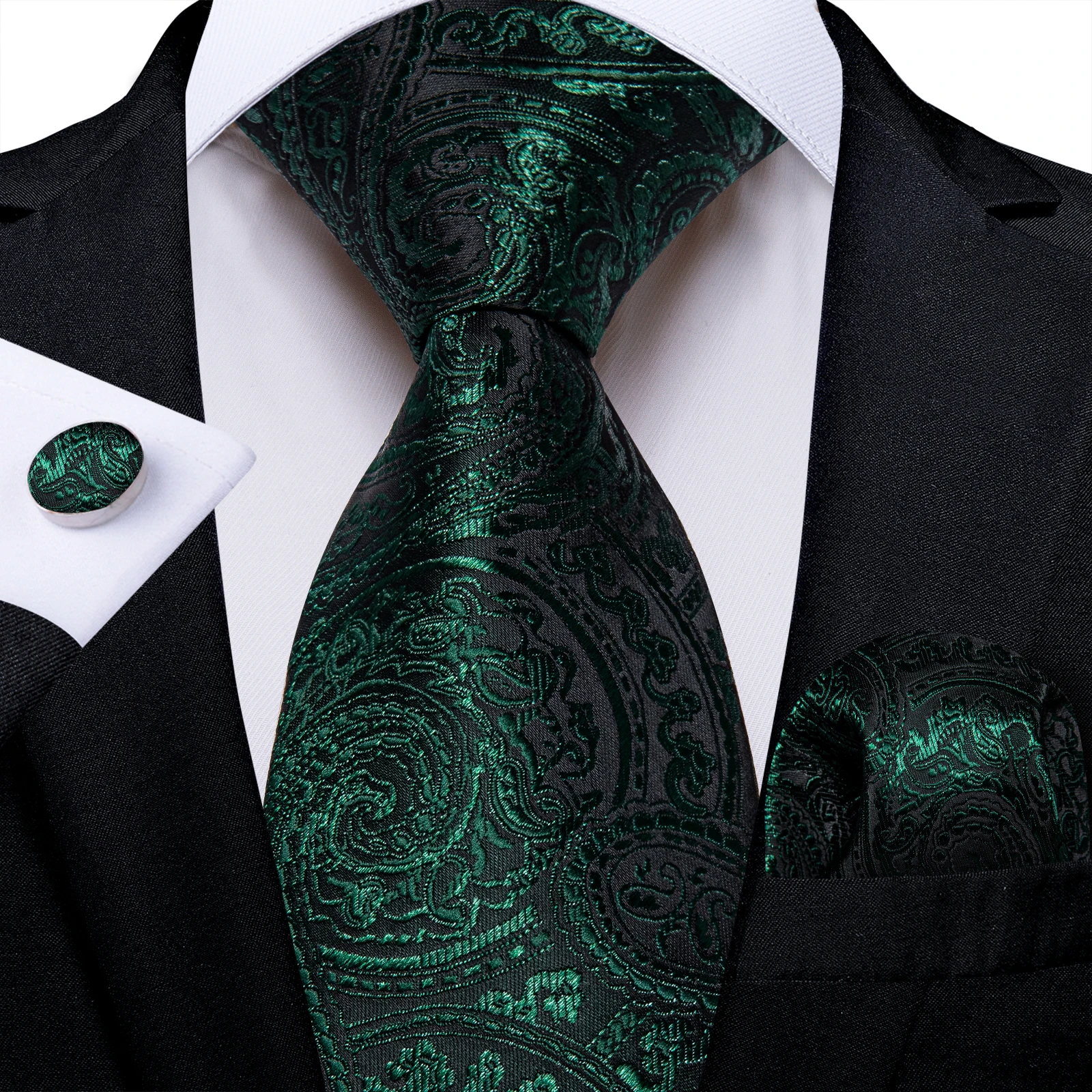 Dark Green Ties for Men Striped Paisley Floral Wedding Party Formal Necktie Handkerchief Cufflinks Gift Dropship