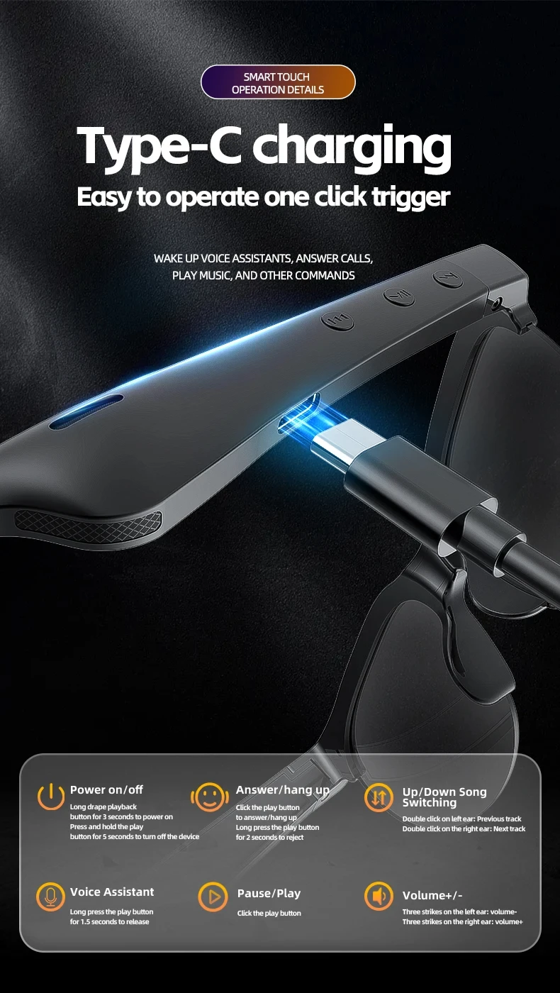 Smart Bluetooth Sunglasses Glasses Call Outdoor Sports Headphones V5.3 HIFI Black Technology Anti-touch UV For Men And Women