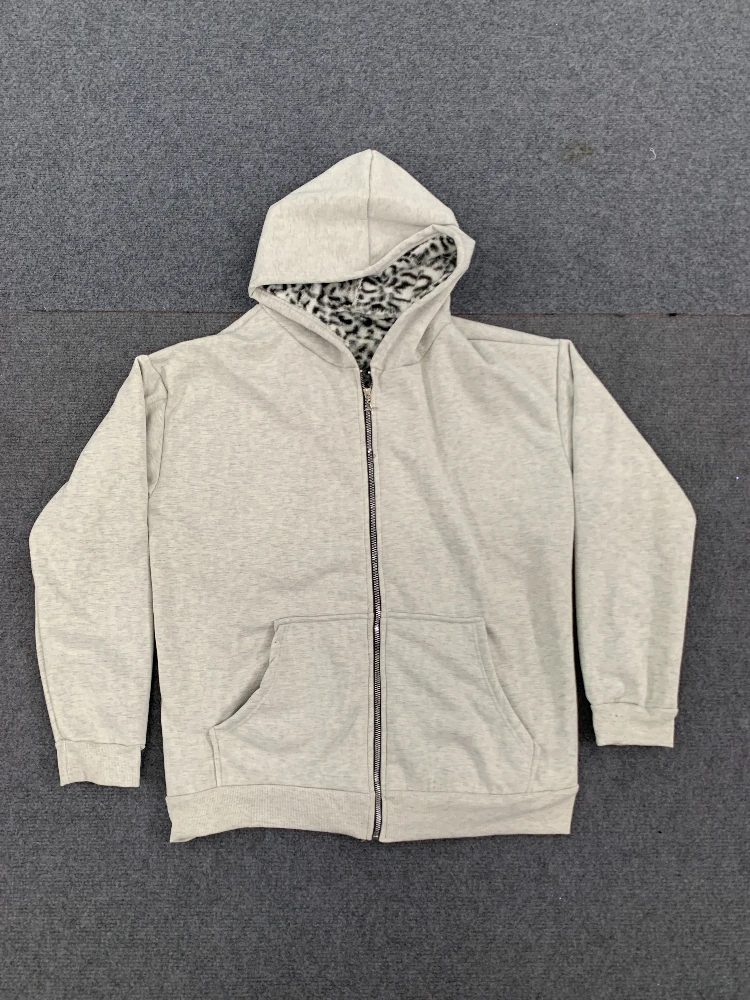2025 New Unisex Hooded Sweatshirt with Leopard Print Lining Pocket, Loose Cardigan, Zipper Sweatshirt, Street Style, Double-Side
