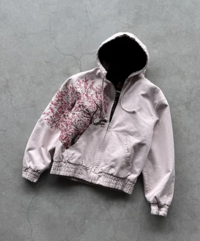 Harajuku Plum Tree Embroidered Oversized Pink Zipper Hoodies For Men and Women Y2K New Gothic Fashion Retro Street Sweatshirts