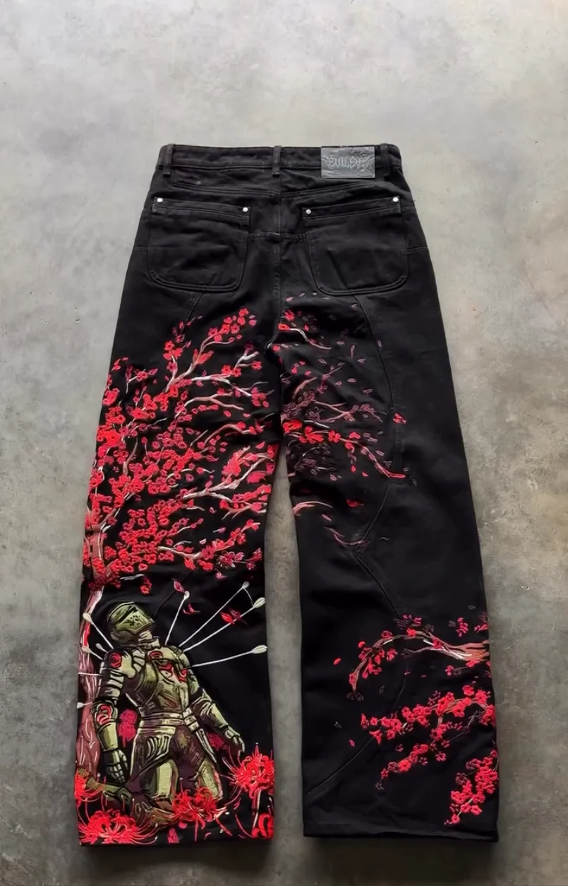 Y2k Vintage Red Spider Lily Fallen Knight Embroidery Jeans Baggy Straight Denim Pants Punk Rivet Cargo Pants Men Clothes Jeans