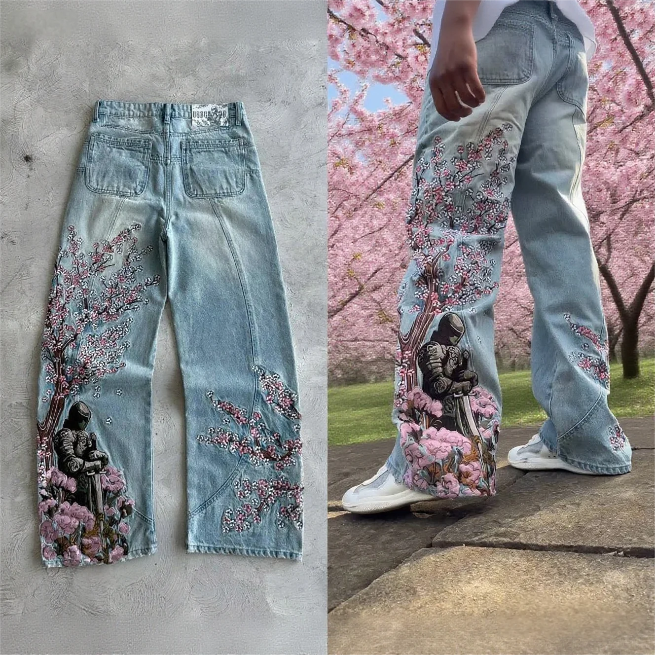 Y2k Vintage Red Spider Lily Fallen Knight Embroidery Jeans Baggy Straight Denim Pants Punk Rivet Cargo Pants Men Clothes Jeans