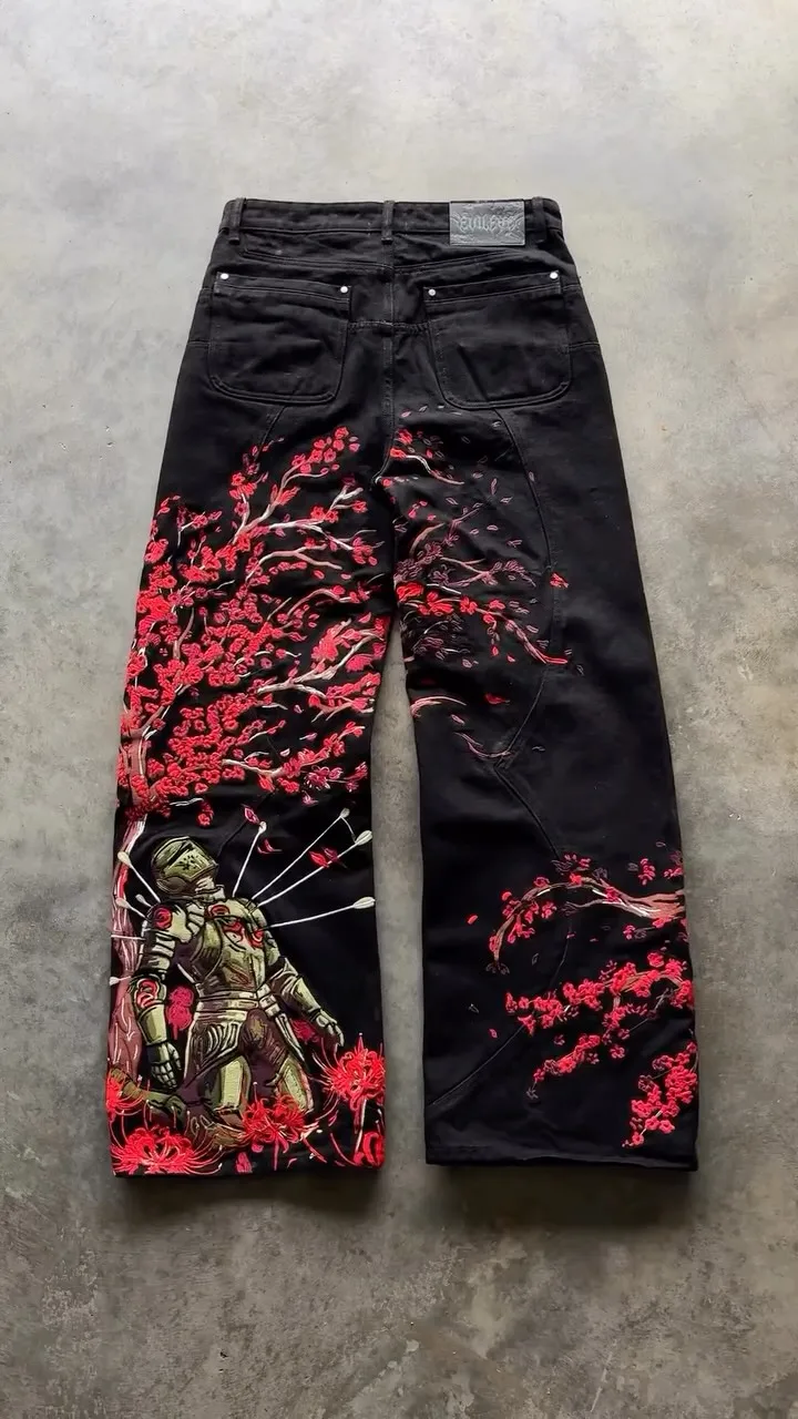 Y2k Vintage Red Spider Lily Fallen Knight Embroidery Jeans Baggy Straight Denim Pants Punk Rivet Cargo Pants Men Clothes Jeans