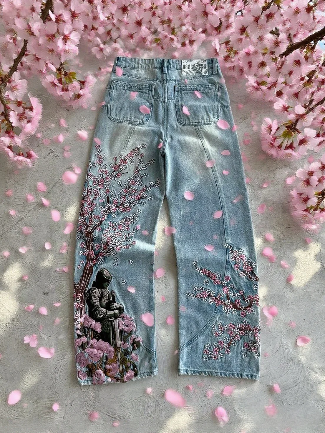 Y2k Vintage Red Spider Lily Fallen Knight Embroidery Jeans Baggy Straight Denim Pants Punk Rivet Cargo Pants Men Clothes Jeans