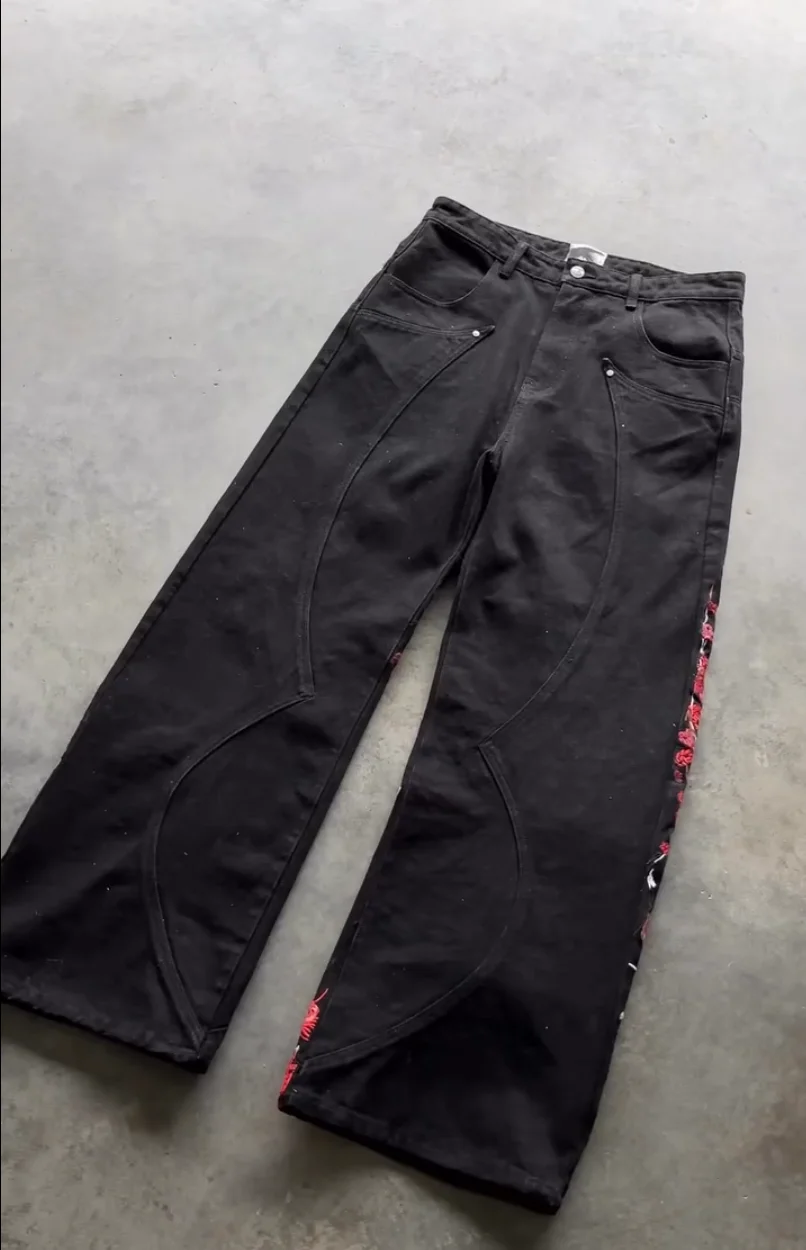 Y2k Vintage Red Spider Lily Fallen Knight Embroidery Jeans Baggy Straight Denim Pants Punk Rivet Cargo Pants Men Clothes Jeans
