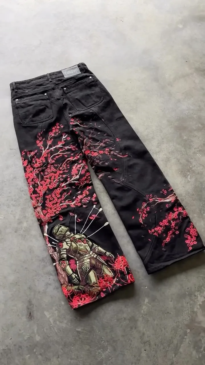 Y2k Vintage Red Spider Lily Fallen Knight Embroidery Jeans Baggy Straight Denim Pants Punk Rivet Cargo Pants Men Clothes Jeans