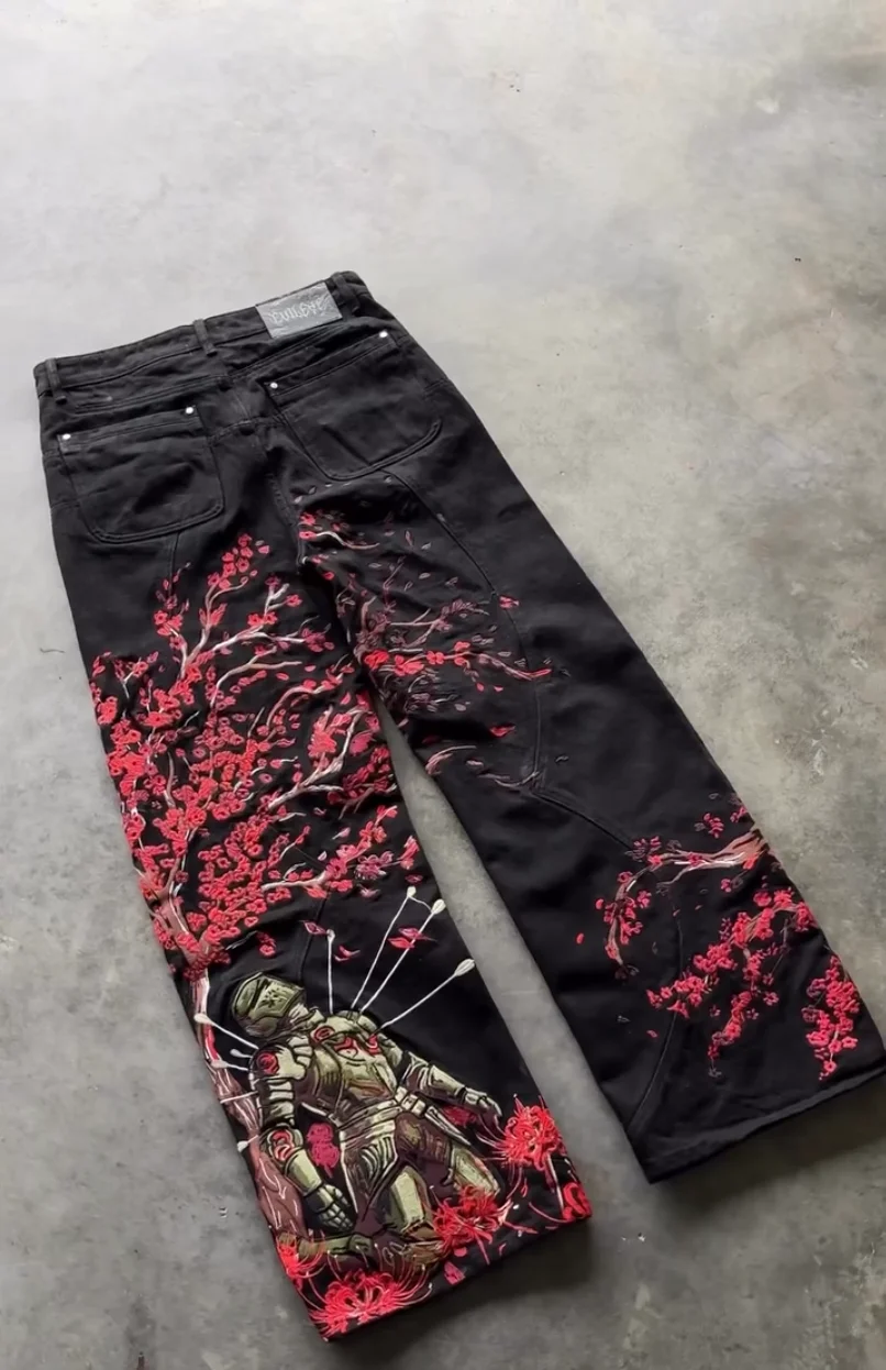 Y2k Vintage Red Spider Lily Fallen Knight Embroidery Jeans Baggy Straight Denim Pants Punk Rivet Cargo Pants Men Clothes Jeans