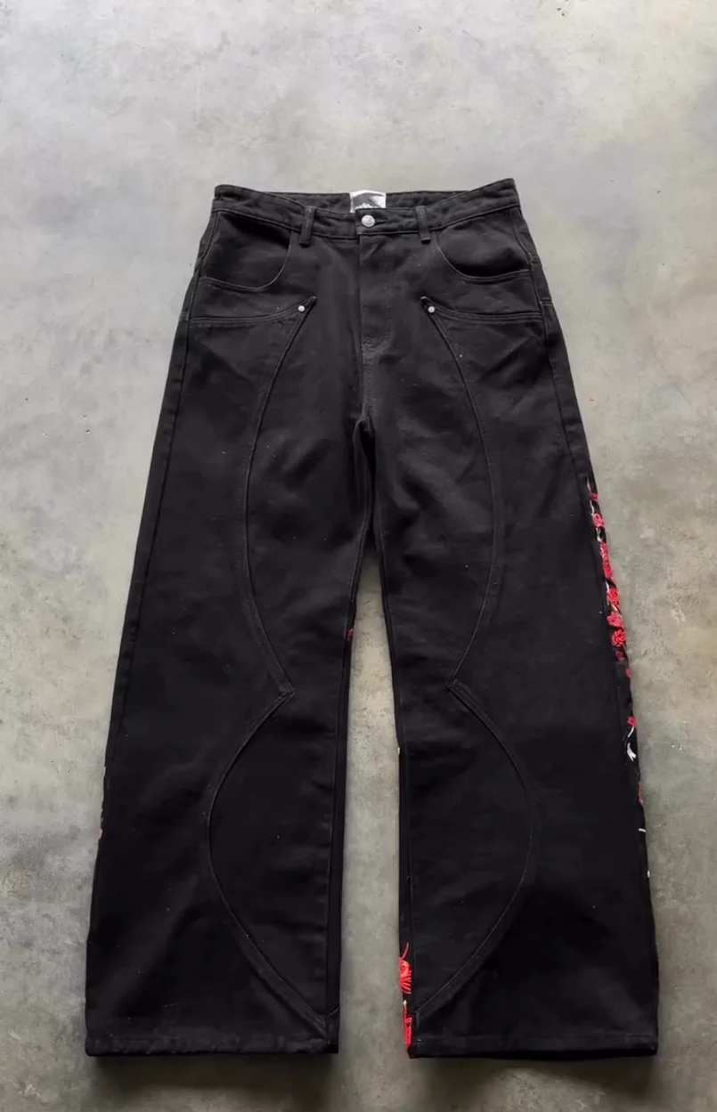 Y2k Vintage Red Spider Lily Fallen Knight Embroidery Jeans Baggy Straight Denim Pants Punk Rivet Cargo Pants Men Clothes Jeans