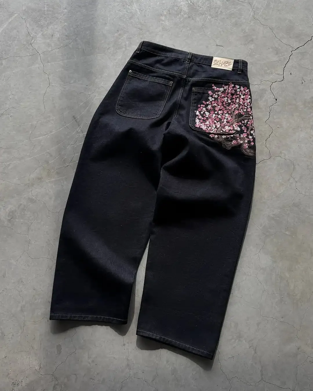 Sakura embroidered jeans Personalized street fashion wide legs wide legs multifunctional washing spread couple hip hop pants