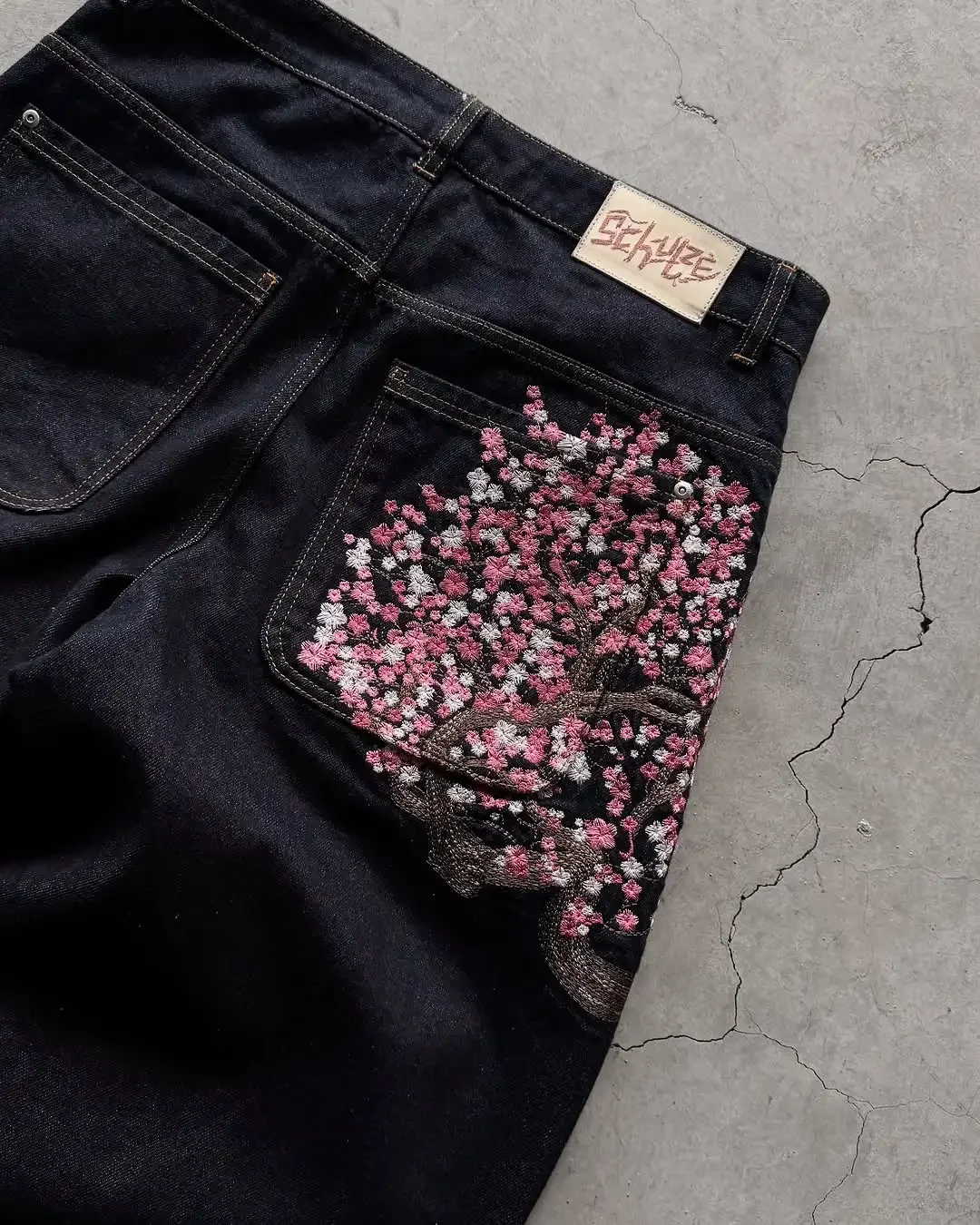Sakura embroidered jeans Personalized street fashion wide legs wide legs multifunctional washing spread couple hip hop pants