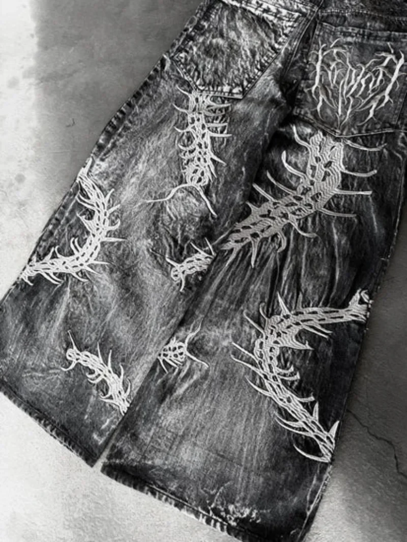 Y2K New Retro Centipede Embroidery Pattern Washed Oversized Wide-Leg Pants Street Gothic Harajuku Floor Pants For Men and Women