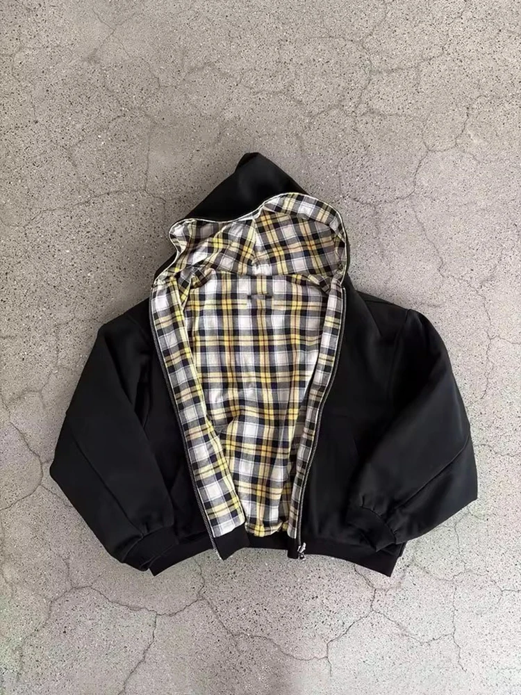 Fashion Two Wear Plaid Hoodies Women Y2K Long Sleeve Loose Hood Shirt Korean Zipper Sweatshirt Coats Streetwear Harajuku Jackets