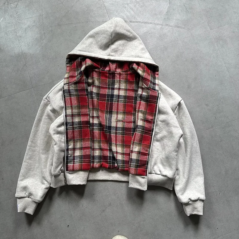 Fashion Two Wear Plaid Hoodies Women Y2K Long Sleeve Loose Hood Shirt Korean Zipper Sweatshirt Coats Streetwear Harajuku Jackets