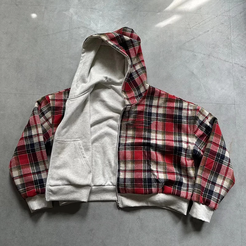 Fashion Two Wear Plaid Hoodies Women Y2K Long Sleeve Loose Hood Shirt Korean Zipper Sweatshirt Coats Streetwear Harajuku Jackets