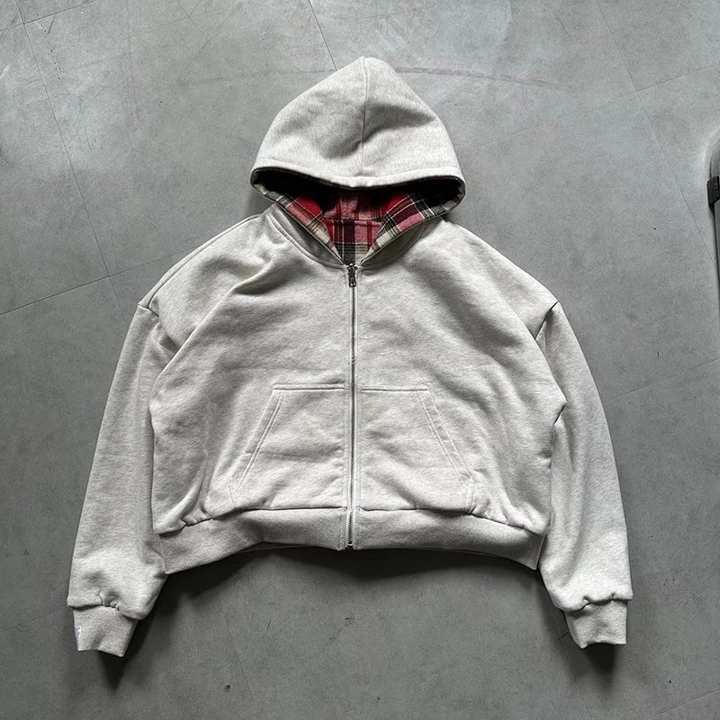 Fashion Two Wear Plaid Hoodies Women Y2K Long Sleeve Loose Hood Shirt Korean Zipper Sweatshirt Coats Streetwear Harajuku Jackets
