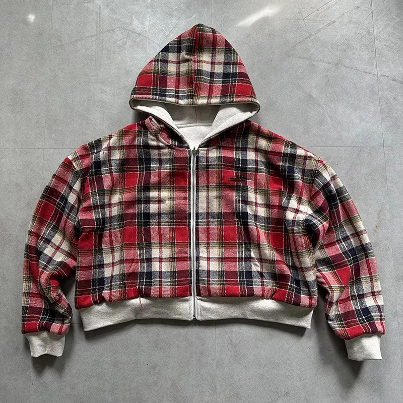 Fashion Two Wear Plaid Hoodies Women Y2K Long Sleeve Loose Hood Shirt Korean Zipper Sweatshirt Coats Streetwear Harajuku Jackets