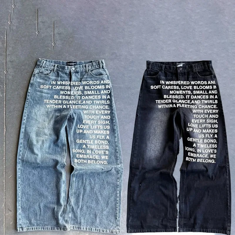 Y2K Men Jeans Vintage American Pattern Letter Jeans Streetwear Gothic Harajuku Hip Hop Men Women Fashion Casual Wide Leg Jeans