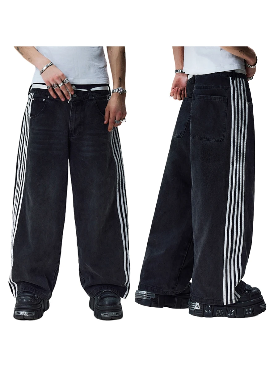 Combhasaki Women's Y2K Vintage Button Waist Wide Leg Denim Long Pants Side Striped Print Loose Pocket Jeans Trousers Streetwear