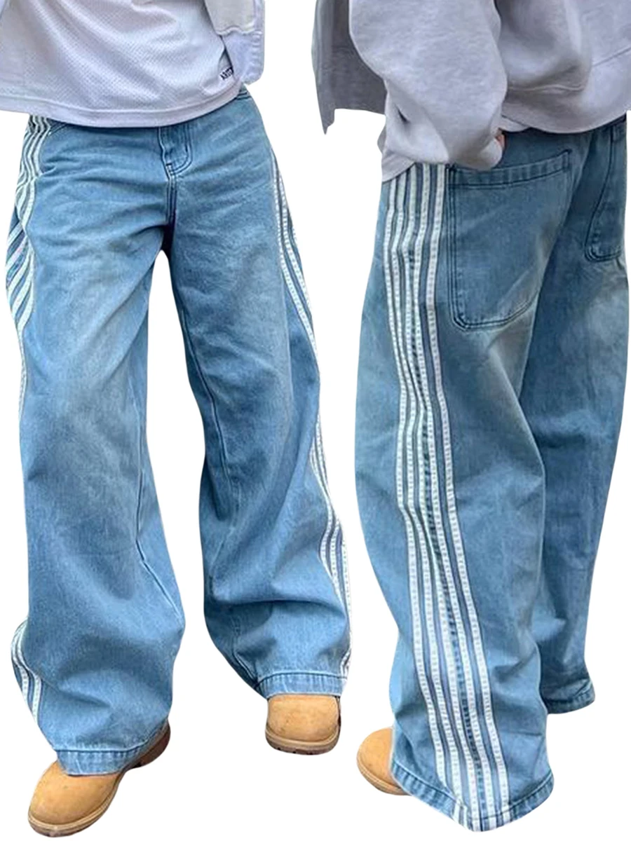 Combhasaki Women's Y2K Vintage Button Waist Wide Leg Denim Long Pants Side Striped Print Loose Pocket Jeans Trousers Streetwear