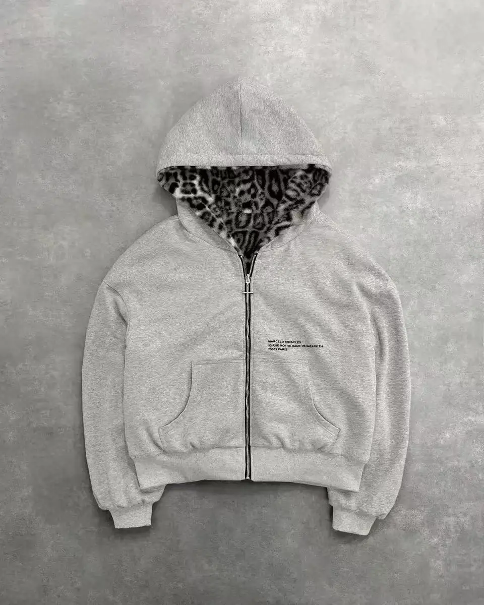 Gothic Harajuku Women Men Autumn Winter Reversible Hoodie Coat Casual Retro Leopard Print Zipper Hoodie Loose Black Grey Top