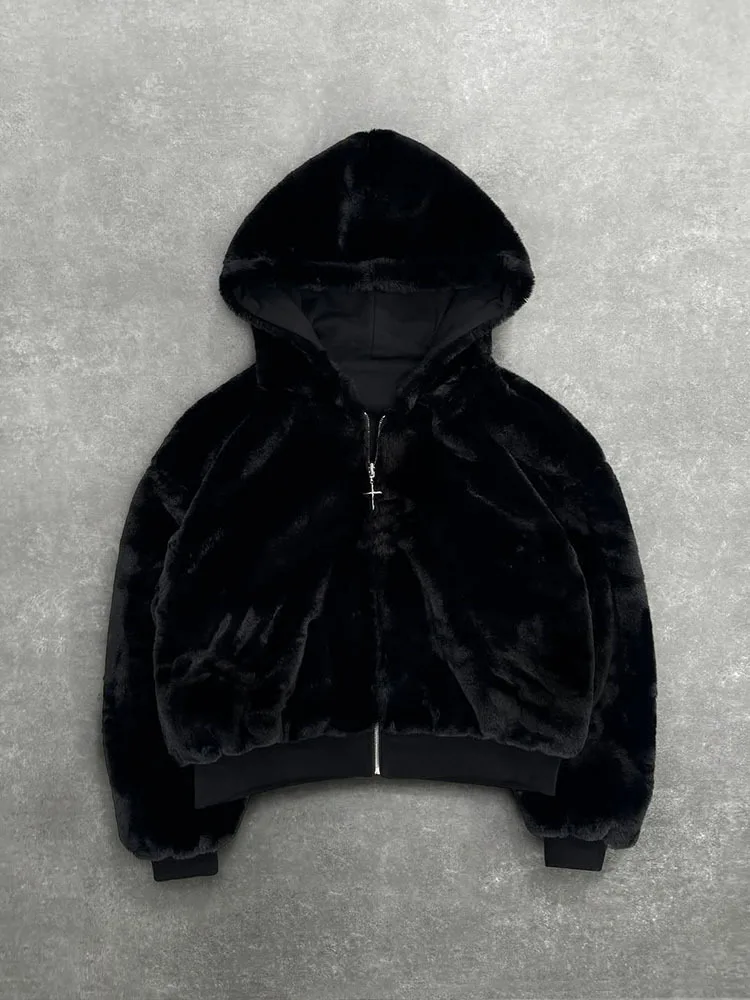 Gothic Harajuku Women Men Autumn Winter Reversible Hoodie Coat Casual Retro Leopard Print Zipper Hoodie Loose Black Grey Top