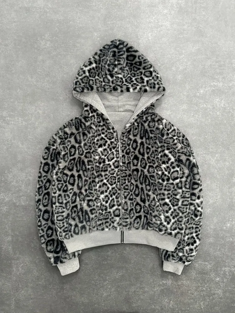 Gothic Harajuku Women Men Autumn Winter Reversible Hoodie Coat Casual Retro Leopard Print Zipper Hoodie Loose Black Grey Top