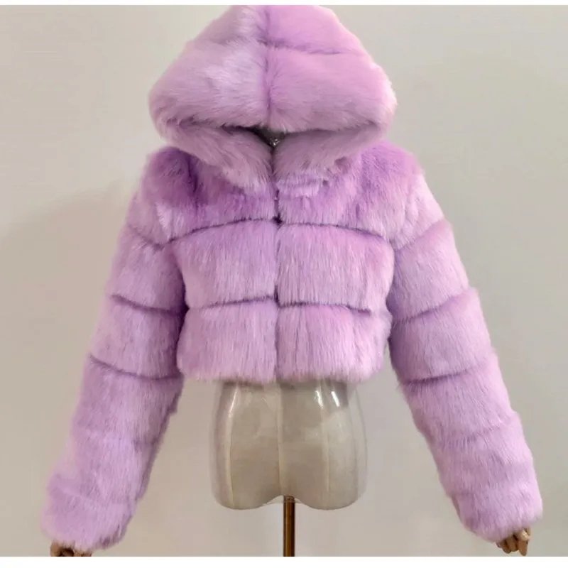 Quality Furry Cropped Faux Fur Coats And Jacket Women Short Fluffy Tops Coat With Hooded Winter Fur Jackets Ladies Cardigan 2740