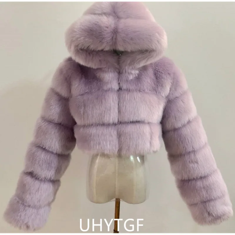 Quality Furry Cropped Faux Fur Coats And Jacket Women Short Fluffy Tops Coat With Hooded Winter Fur Jackets Ladies Cardigan 2740