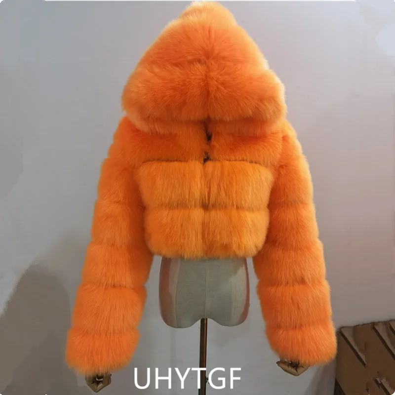 Quality Furry Cropped Faux Fur Coats And Jacket Women Short Fluffy Tops Coat With Hooded Winter Fur Jackets Ladies Cardigan 2740