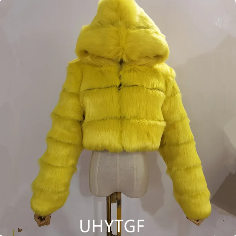Quality Furry Cropped Faux Fur Coats And Jacket Women Short Fluffy Tops Coat With Hooded Winter Fur Jackets Ladies Cardigan 2740