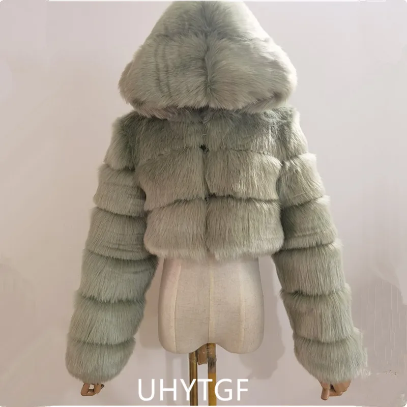 Quality Furry Cropped Faux Fur Coats And Jacket Women Short Fluffy Tops Coat With Hooded Winter Fur Jackets Ladies Cardigan 2740