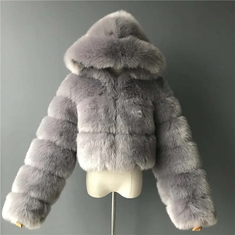 Quality Furry Cropped Faux Fur Coats And Jacket Women Short Fluffy Tops Coat With Hooded Winter Fur Jackets Ladies Cardigan 2740