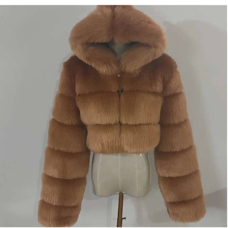 Quality Furry Cropped Faux Fur Coats And Jacket Women Short Fluffy Tops Coat With Hooded Winter Fur Jackets Ladies Cardigan 2740
