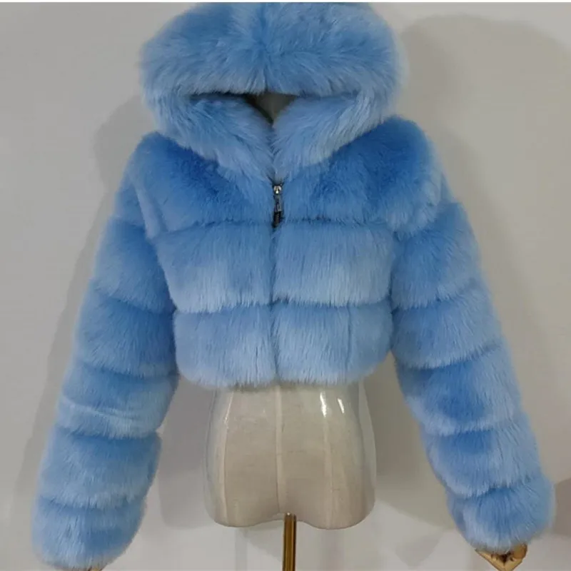 Quality Furry Cropped Faux Fur Coats And Jacket Women Short Fluffy Tops Coat With Hooded Winter Fur Jackets Ladies Cardigan 2740