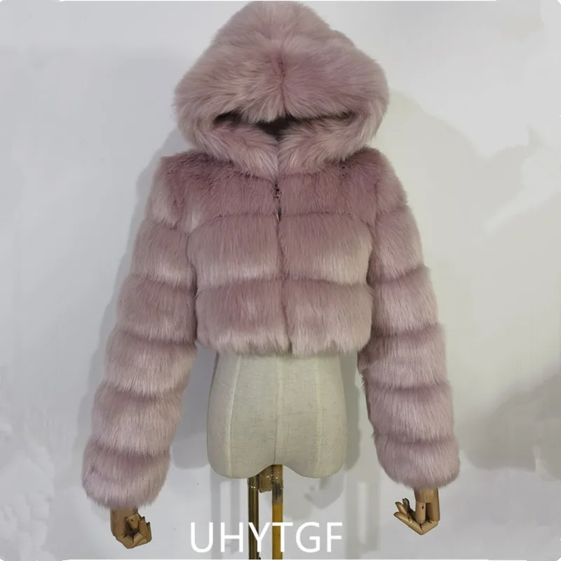 Quality Furry Cropped Faux Fur Coats And Jacket Women Short Fluffy Tops Coat With Hooded Winter Fur Jackets Ladies Cardigan 2740