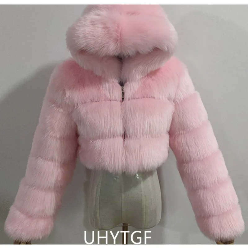 Quality Furry Cropped Faux Fur Coats And Jacket Women Short Fluffy Tops Coat With Hooded Winter Fur Jackets Ladies Cardigan 2740