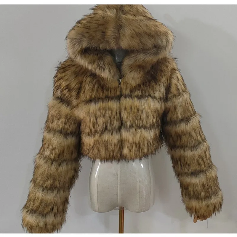 Quality Furry Cropped Faux Fur Coats And Jacket Women Short Fluffy Tops Coat With Hooded Winter Fur Jackets Ladies Cardigan 2740