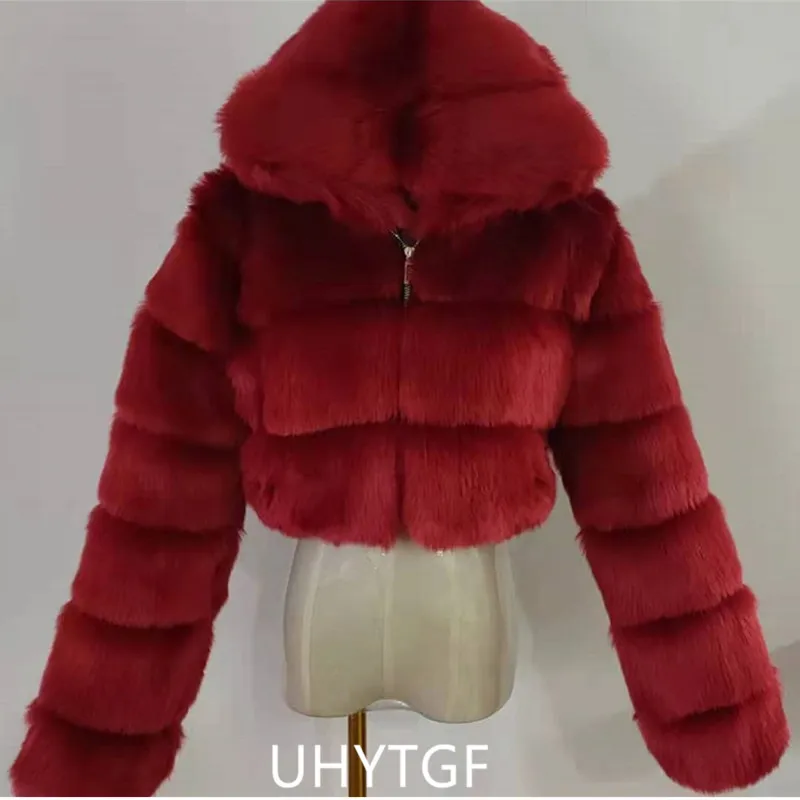 Quality Furry Cropped Faux Fur Coats And Jacket Women Short Fluffy Tops Coat With Hooded Winter Fur Jackets Ladies Cardigan 2740